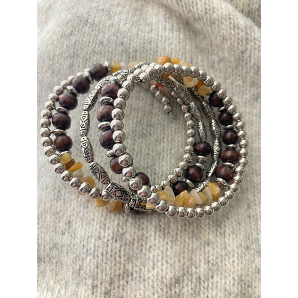 Boho Beaded Wrap Bracelet Silver Tone Wood Yellow Stone Coil Stretch‎ Earthy